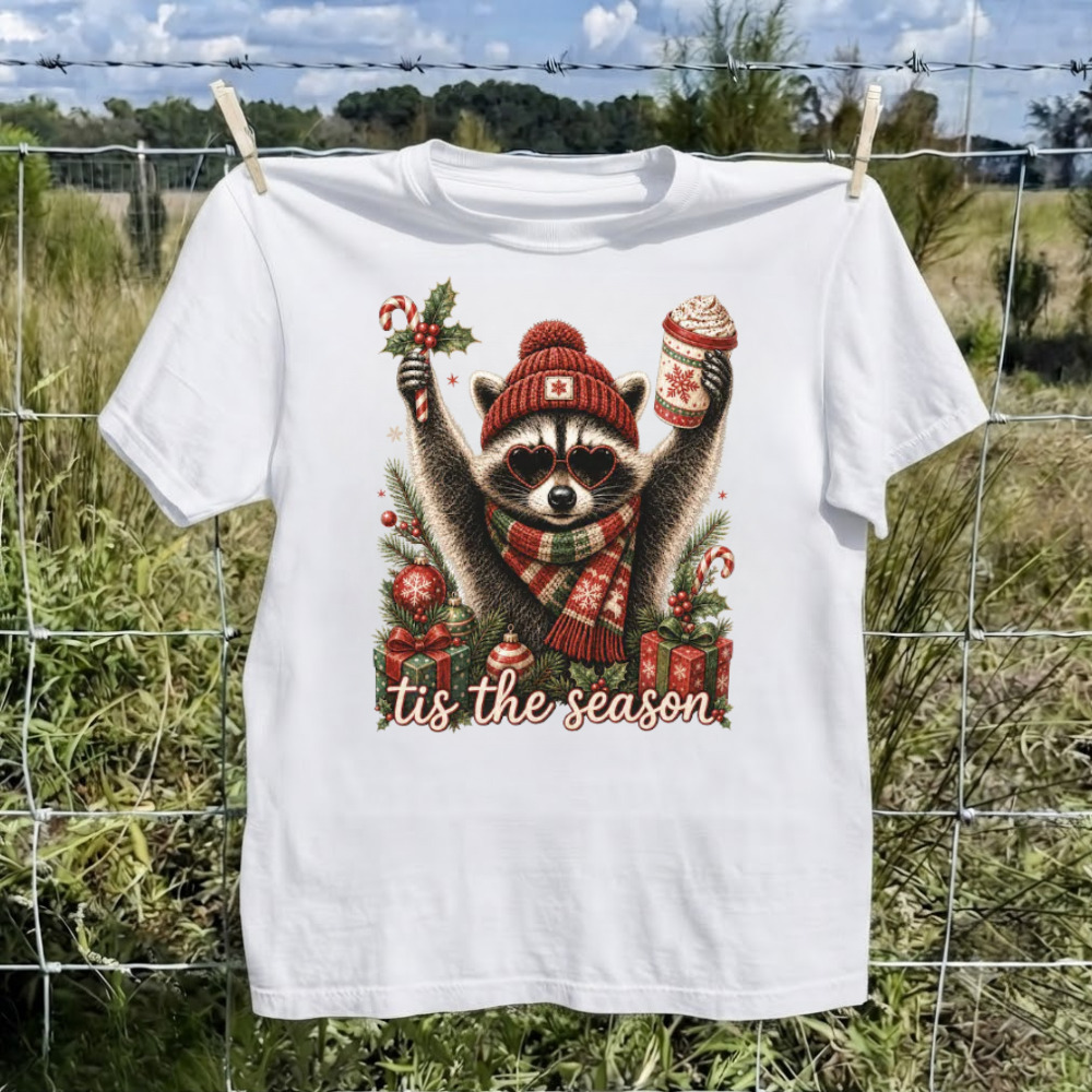Tis The Season Christmas Raccoon Red Hat Scarf Coffee Candy Cane T-Shirt
